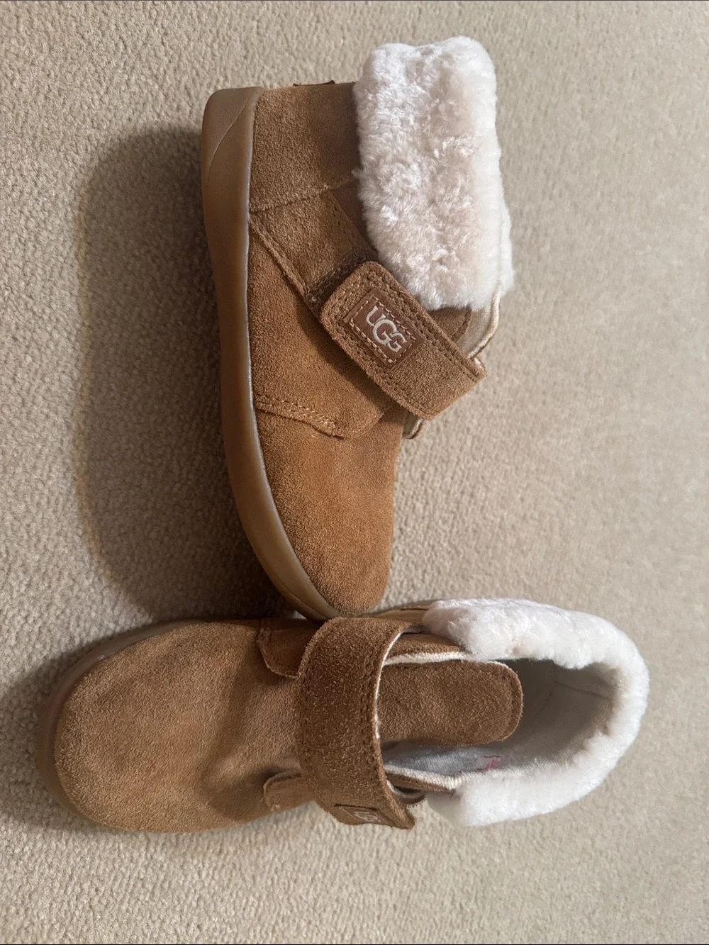 UGG Chestnut Suede Baby Walker Boots with Cream Fur Trim